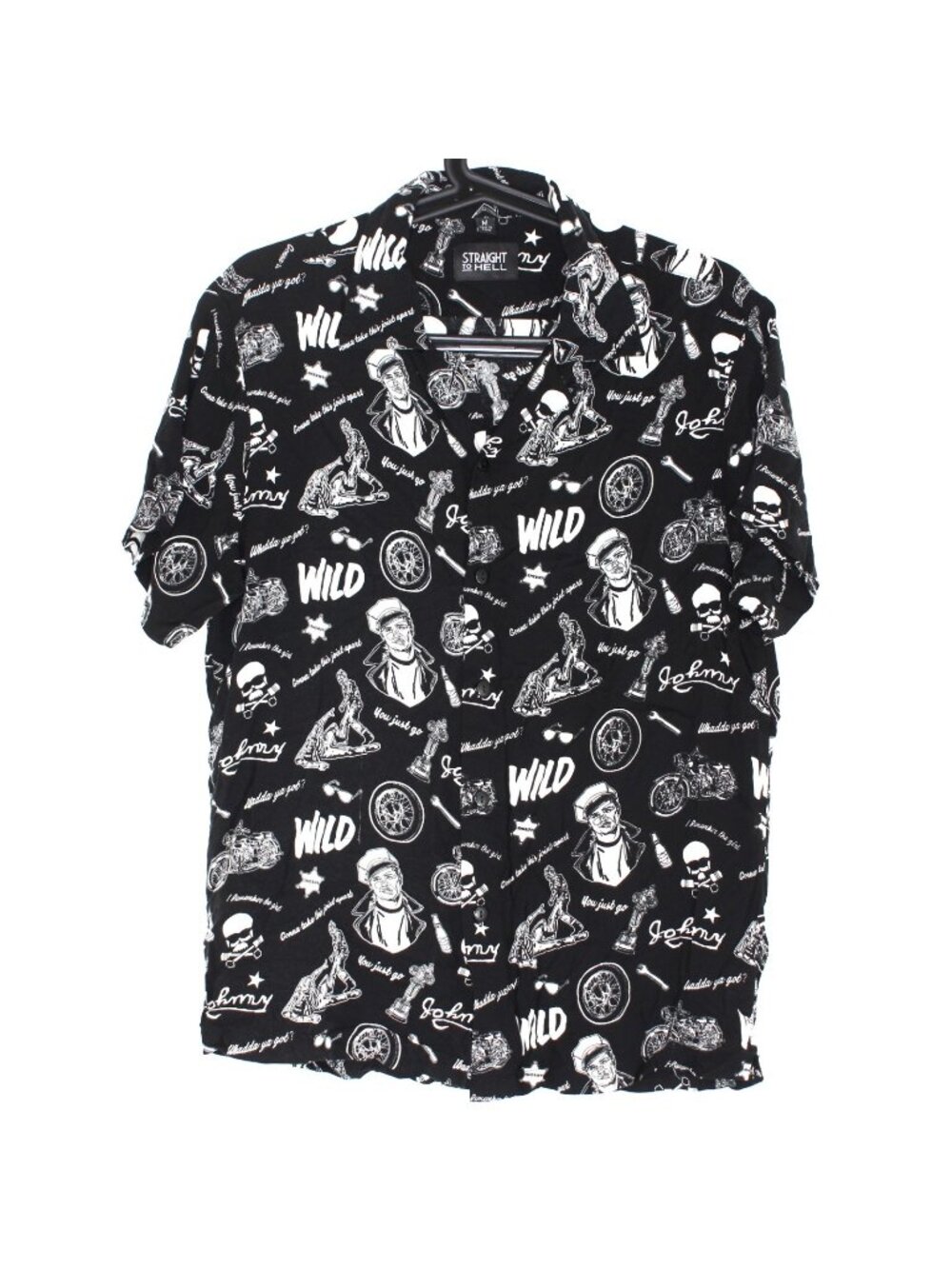 Straight To Hell Mens Medium Camp Open Collar Punk Rock Button Up Shirt K791